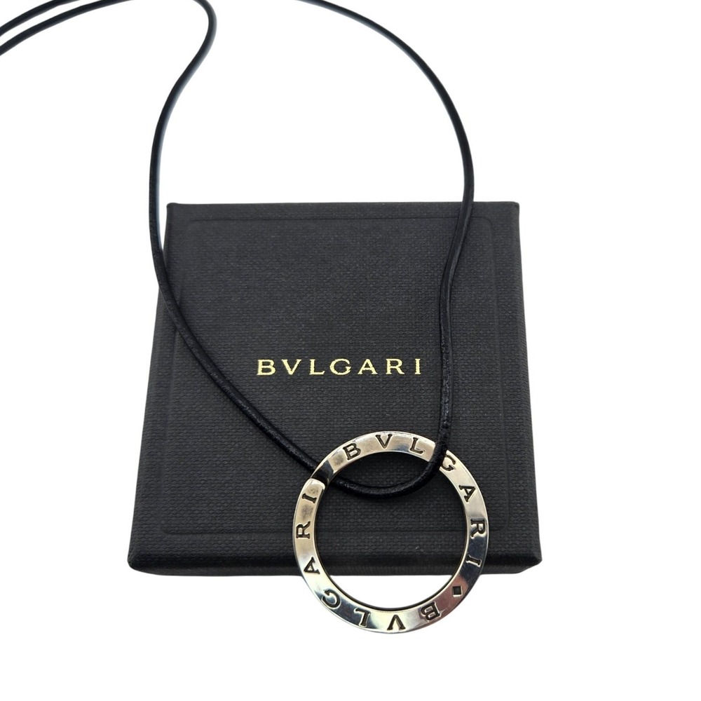 Bvlgari Sterling Silver Keyring Pendant Necklace Black Cord Logo Ring Box